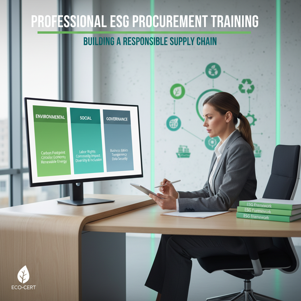 Procurement professional reviewing ESG supplier selection criteria and sustainable sourcing frameworks on a digital screen