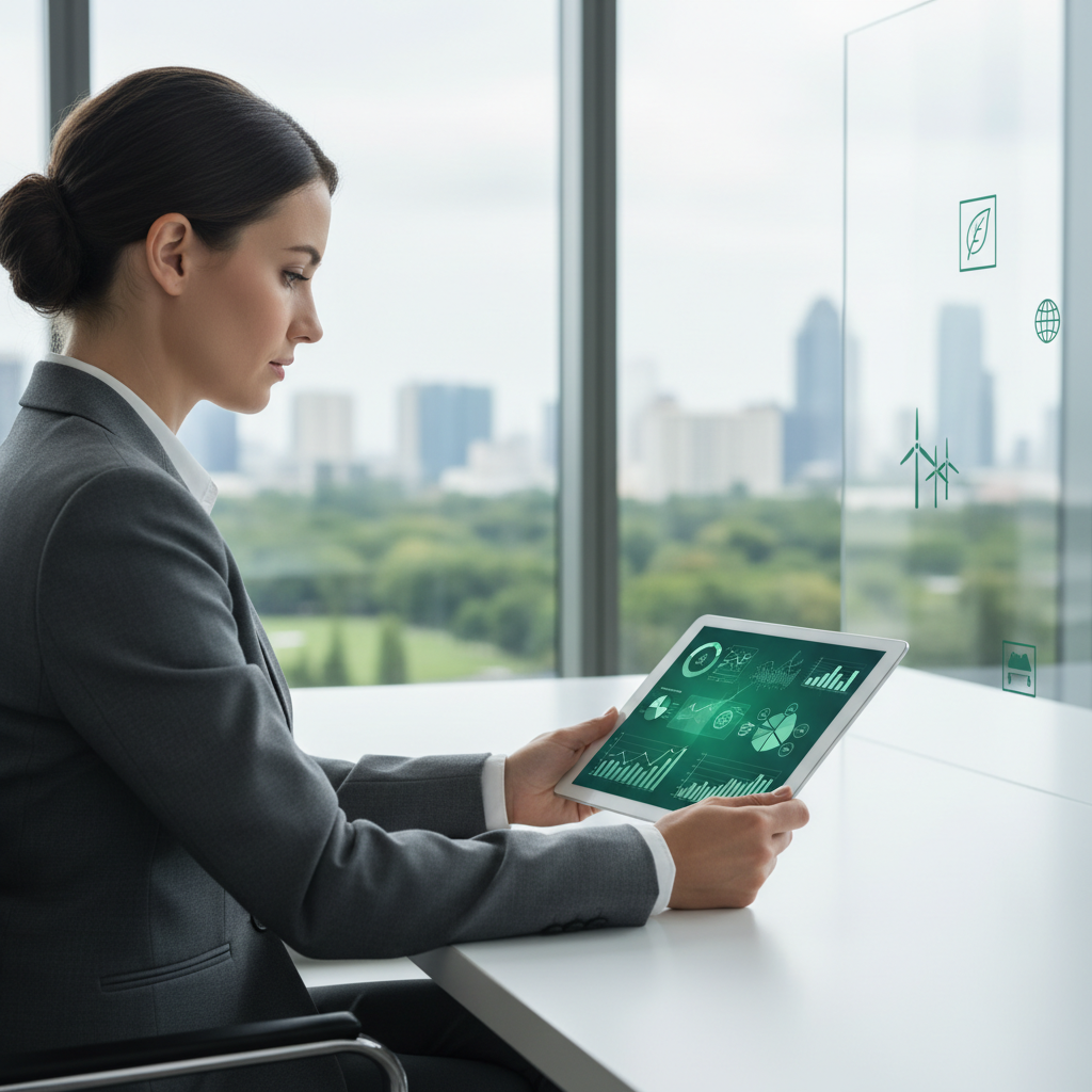 Sales professional engaging in an ESG-focused customer conversation with sustainability data and commercial value frameworks