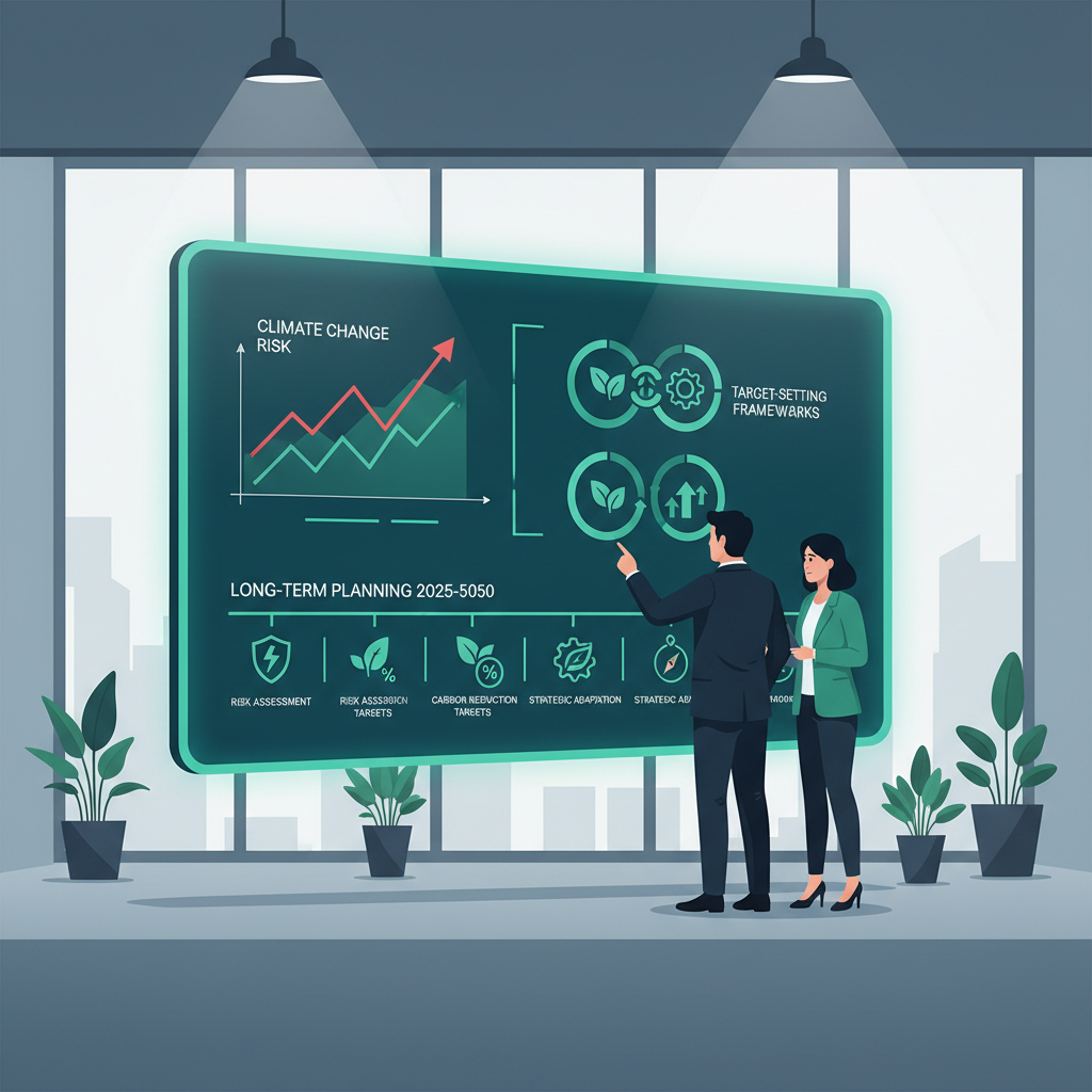 Climate scientist reviewing corporate climate change strategy charts and GHG accounting data on digital screens