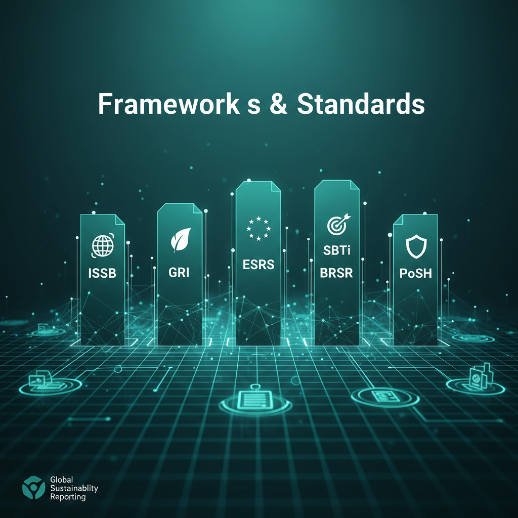 Multiple sustainability reporting frameworks and standards including ISSB, GRI, ESRS, BRSR, SBTi, and PoSH represented as interconnected framework pillars in teal and green tones
